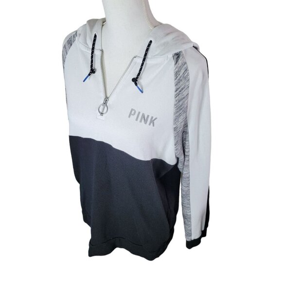 PINK Pullover Quarter Zipper Hoodie Pockets Block Color Black White Womens Small - Picture 6 of 14